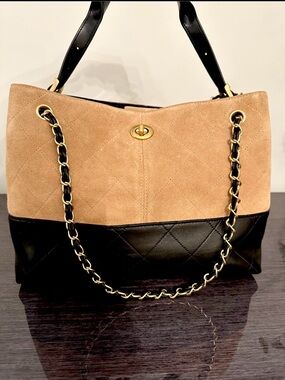 Doris&Jacky Quilted Beige Black Two Tone Chain Shoulder Suede Handbag Tote Purse